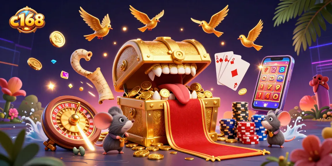 Spin and win at c168 while exploring dynamic casino elements in a vibrant digital 3D scene.