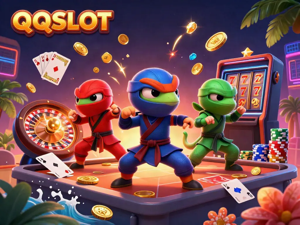 Experience the excitement of QQSLOT with colorful chameleons amidst casino elements and golden treasures.