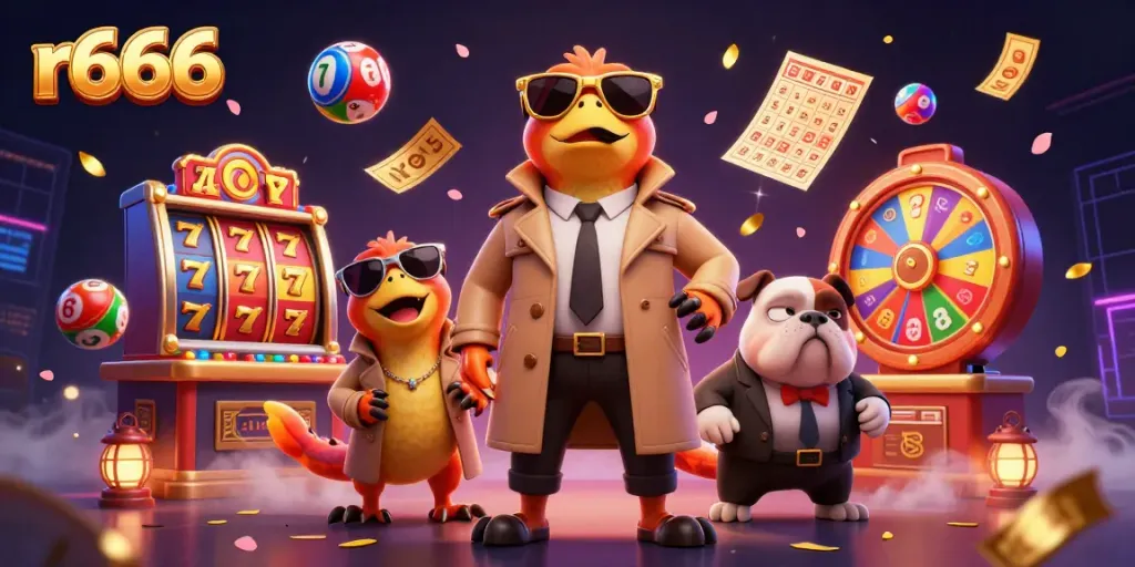 R666 players engage in exciting slot games and lottery activities in a vibrant casino setting.