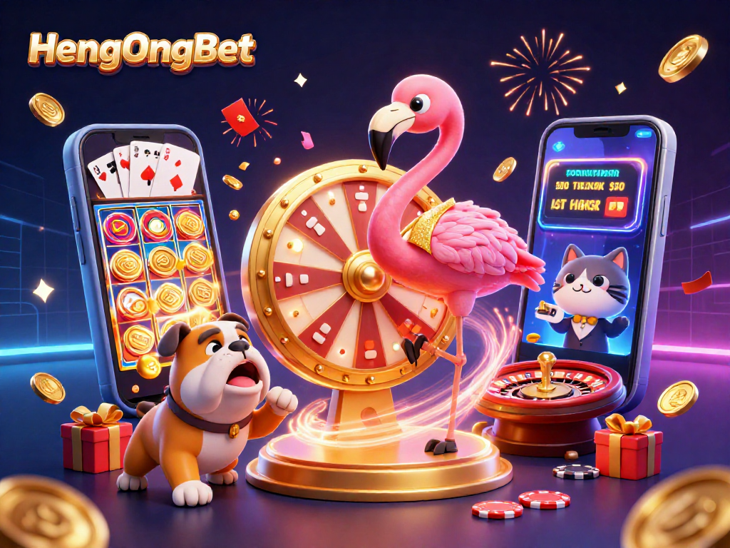 Engage in thrilling gameplay with HengOngBet's 3D cartoon casino characters amid a prize-spinning scene.