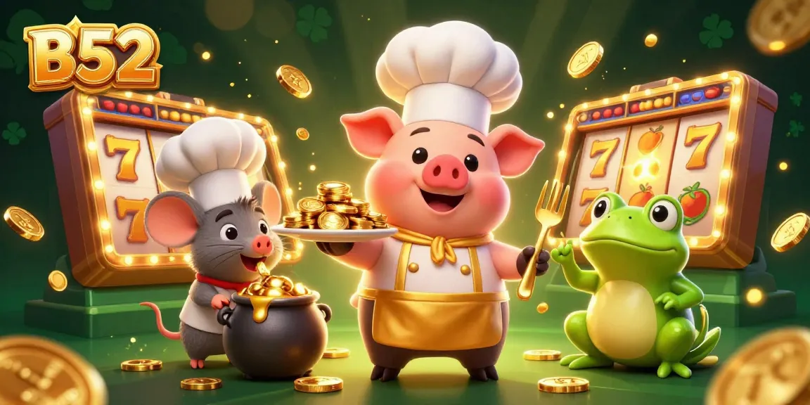 B52 players spin slot reels while a gourmet chef pig serves golden coins and treats.