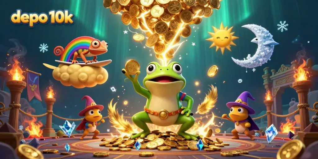 Permainan slot depo 10k dengan karakter si katak penyihir dan chameleon menari di awan emas.