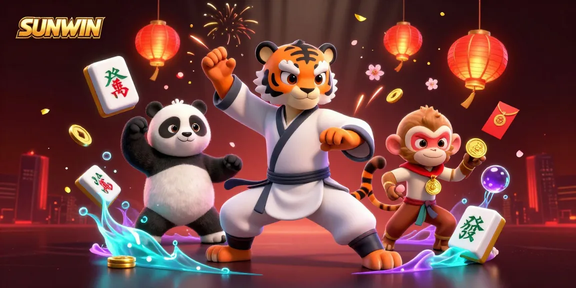 SUNWIN offers thrilling entertainment featuring a kung fu master, panda, and monkey amidst festive symbols.