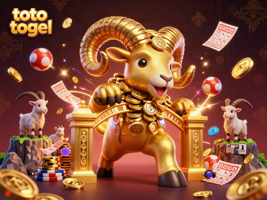 Engage in thrilling toto togel action with vibrant 3D gaming elements and a golden ram mascot.