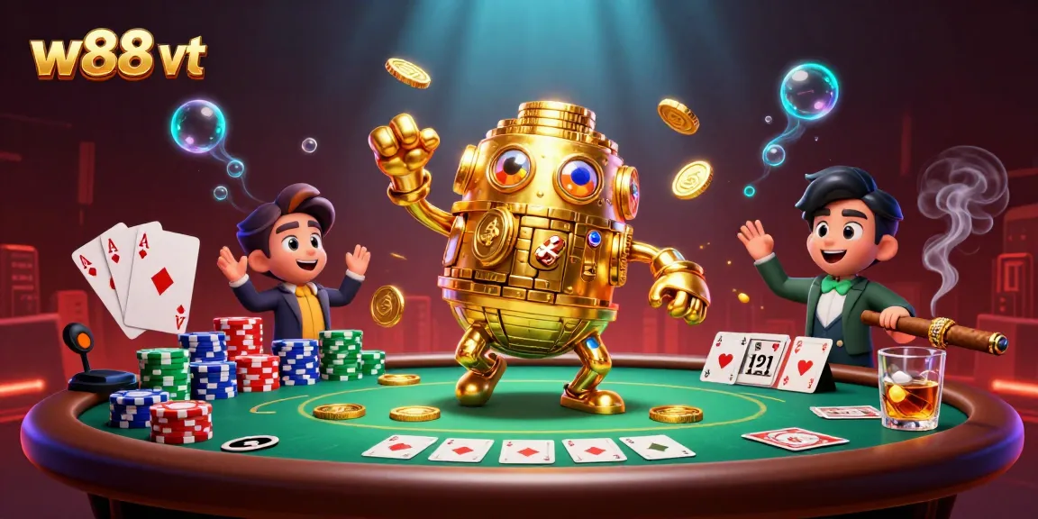 Cá cược thú vị tại w88 vt với hình ảnh golem vàng và các trò chơi poker đầy sắc màu.