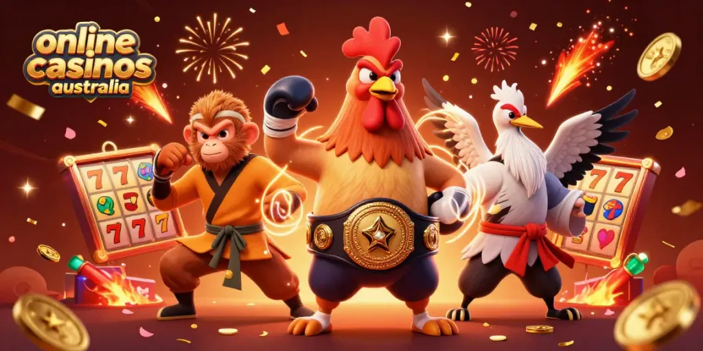 Engaging scene showcasing online casinos Australia with colorful characters, festive elements, and gambling themes.