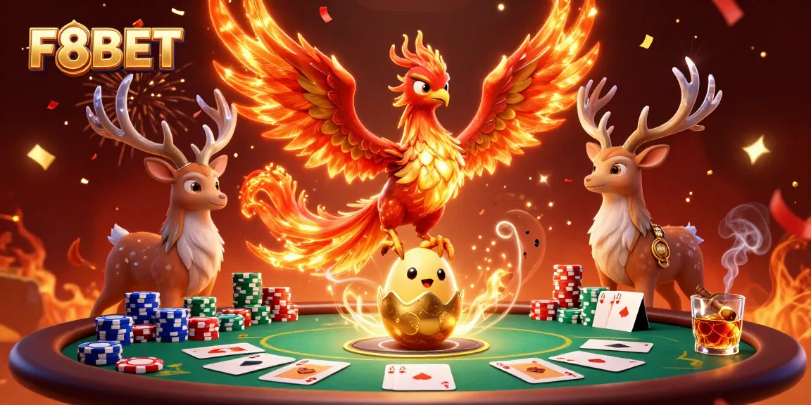 Join the excitement at F8BET with a dynamic casino scene featuring a phoenix and poker elements.