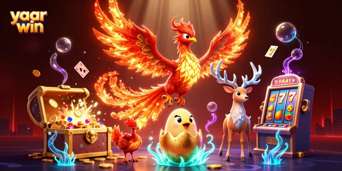 Experience the thrill of yaar win with a vibrant 3D illustration featuring a phoenix, gems, and slot machines.