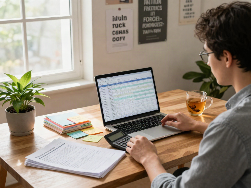 Individual planning finances to deposit 10k, focused at a home office desk.