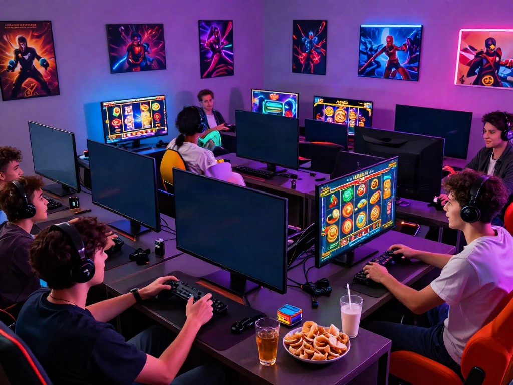Engaging group of friends enjoying ทดลองสล็อต game night with vibrant atmosphere and modern decor.