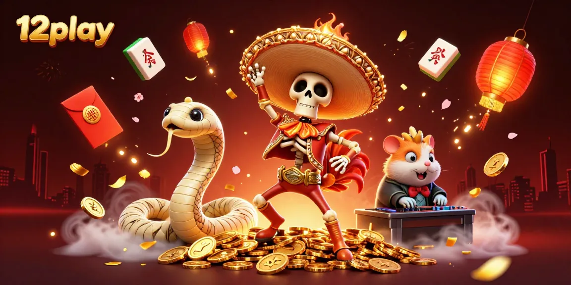 Engage in thrilling games at 12play with the vibrant casino scene featuring a dancing skeleton and festive elements.