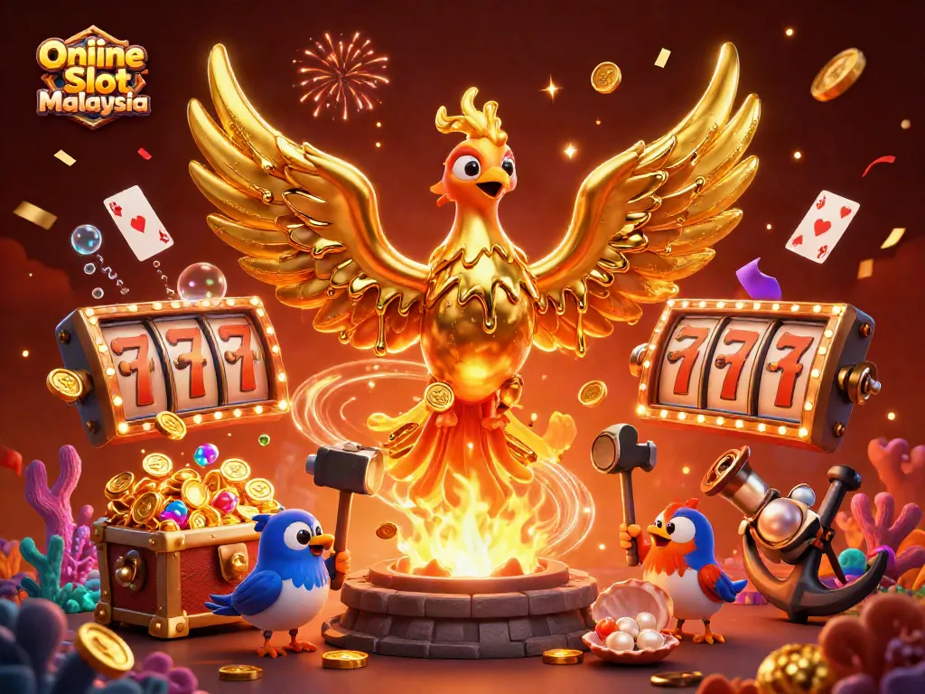 Engage in Online Slot Malaysia with a vibrant 3D illustration of a golden phoenix, slot reels, and treasures.