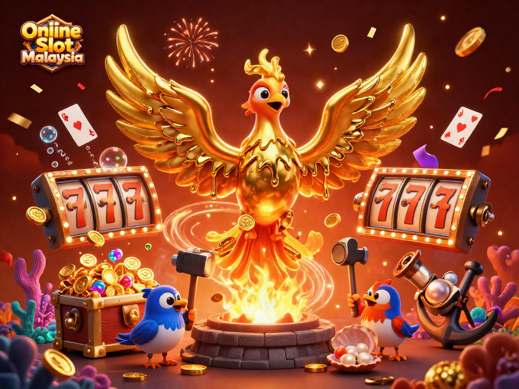Engage in Online Slot Malaysia with a vibrant 3D illustration of a golden phoenix, slot reels, and treasures.