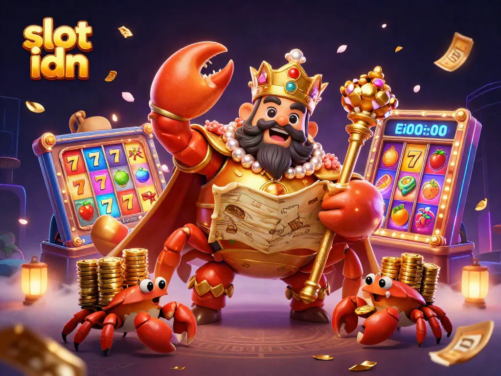 Engage with slot idn themes, featuring a golden crab emperor amidst dynamic casino elements.
