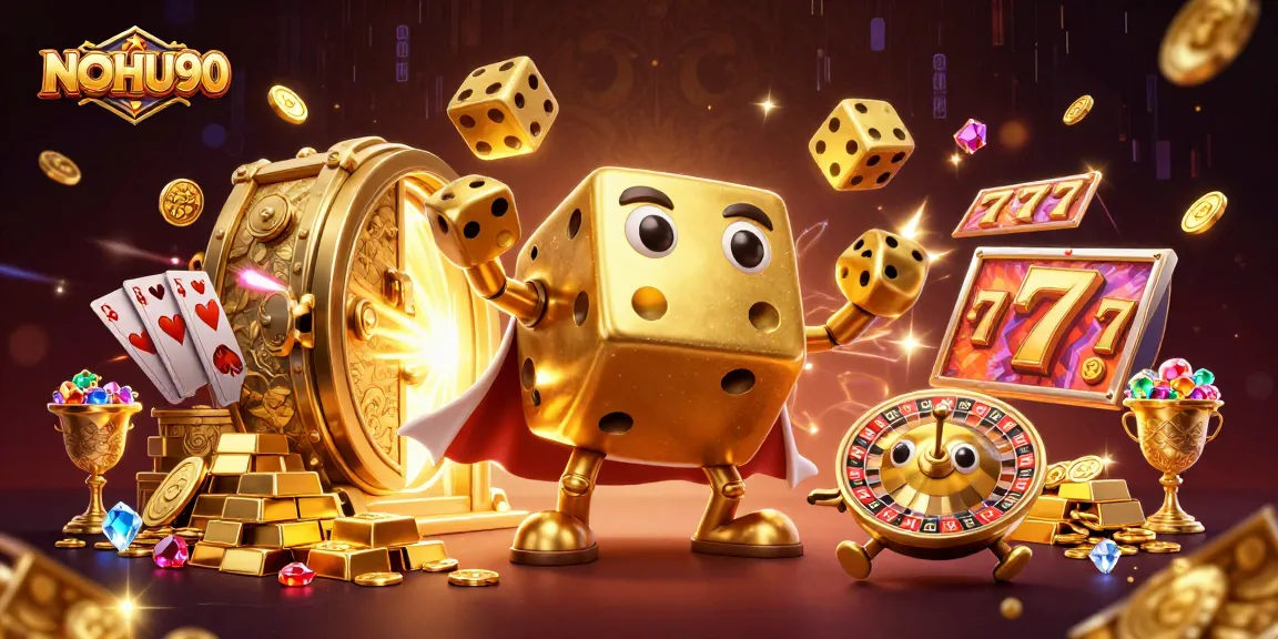 Engage in thrilling gameplay with NOHU90's golden dice, slot reels, and dynamic casino elements.