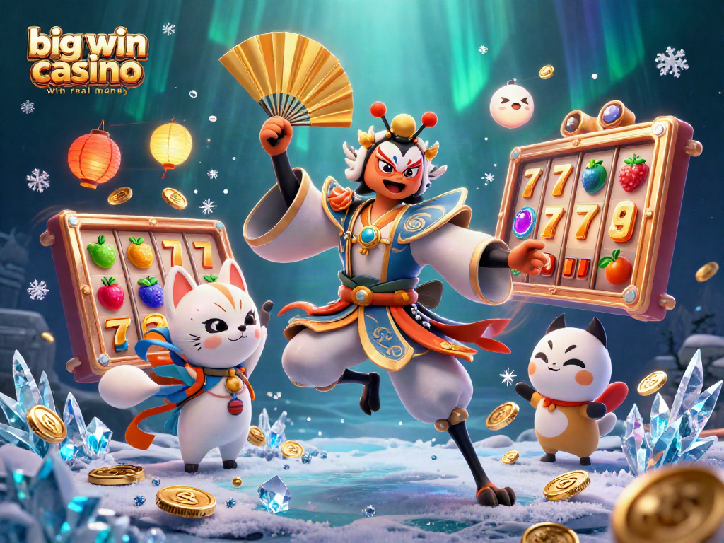 Experience the thrill of big win casino win real money as a kabuki warrior symbolizes victory in a vibrant casino scene.