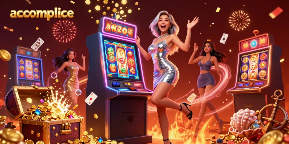 Play slots and win big with accomplice at a colorful casino scene full of excitement.