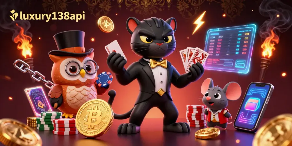 Engage with luxury138api as the elegant panther deals cards amidst vibrant cryptocurrency elements.