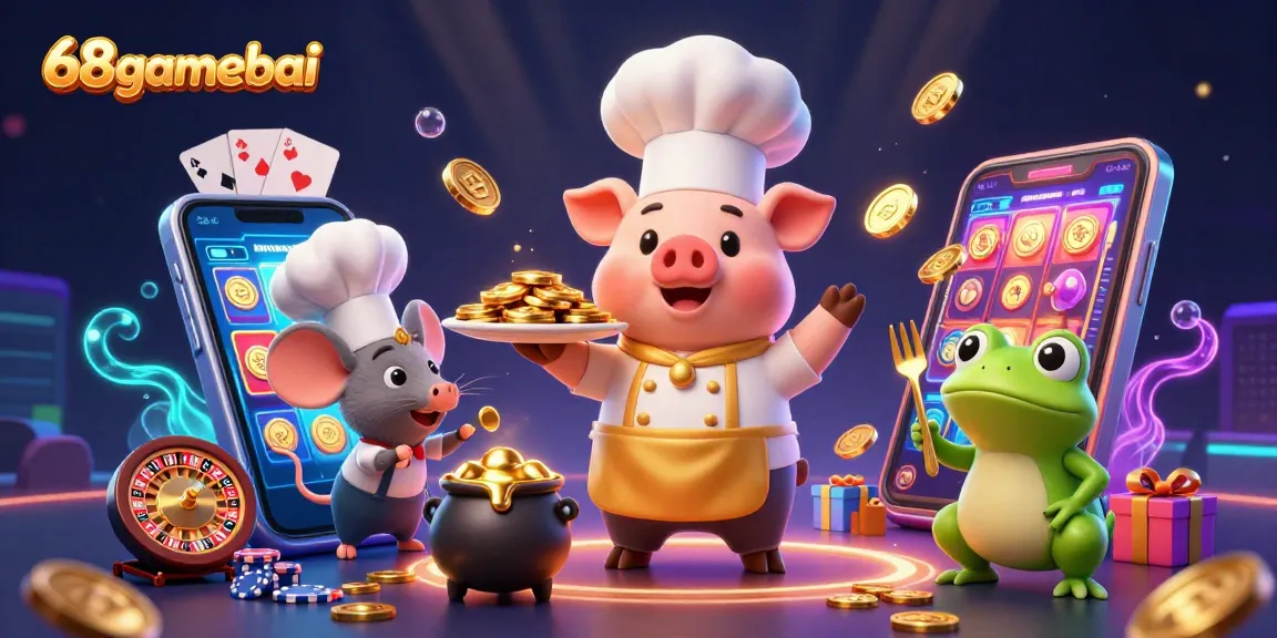 Experience the excitement of 68gamebai with animated characters serving golden coins, showcasing vibrant casino games.