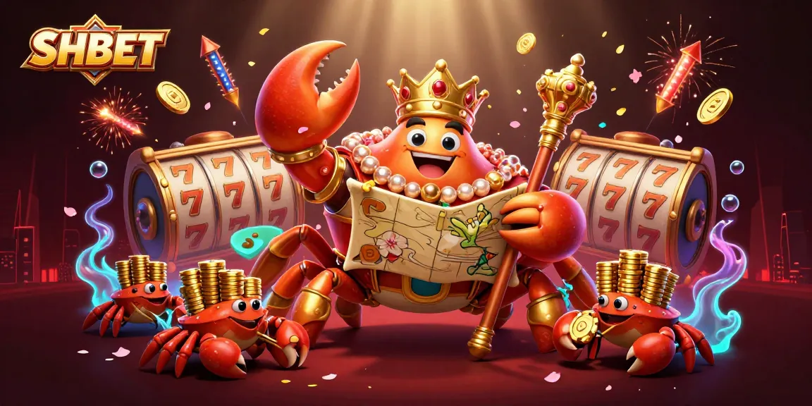 Experience stunning SHBET casino thrills with a golden crab emperor, treasure map, and dynamic gaming elements.