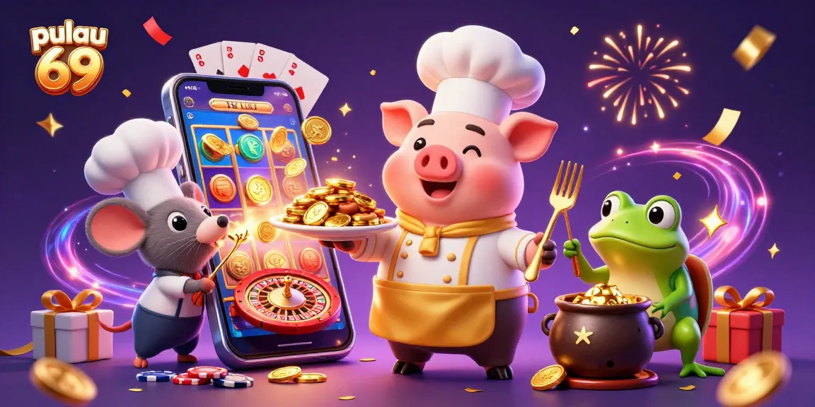 Cook up winning strategies with pulau 69 in this dynamic casino scene filled with golden coins and games.
