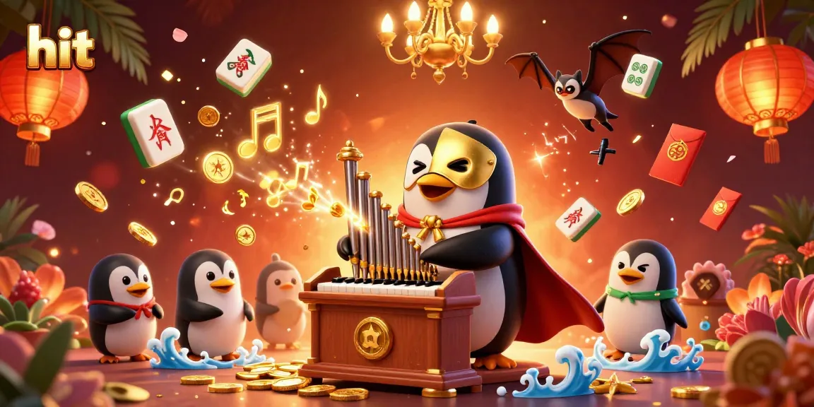 Experience hit casino thrills with a vibrant penguin organist amid a golden coin explosion.