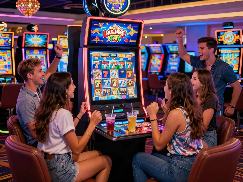 Friends enjoying a Lucky777 gaming experience in a vibrant casino.