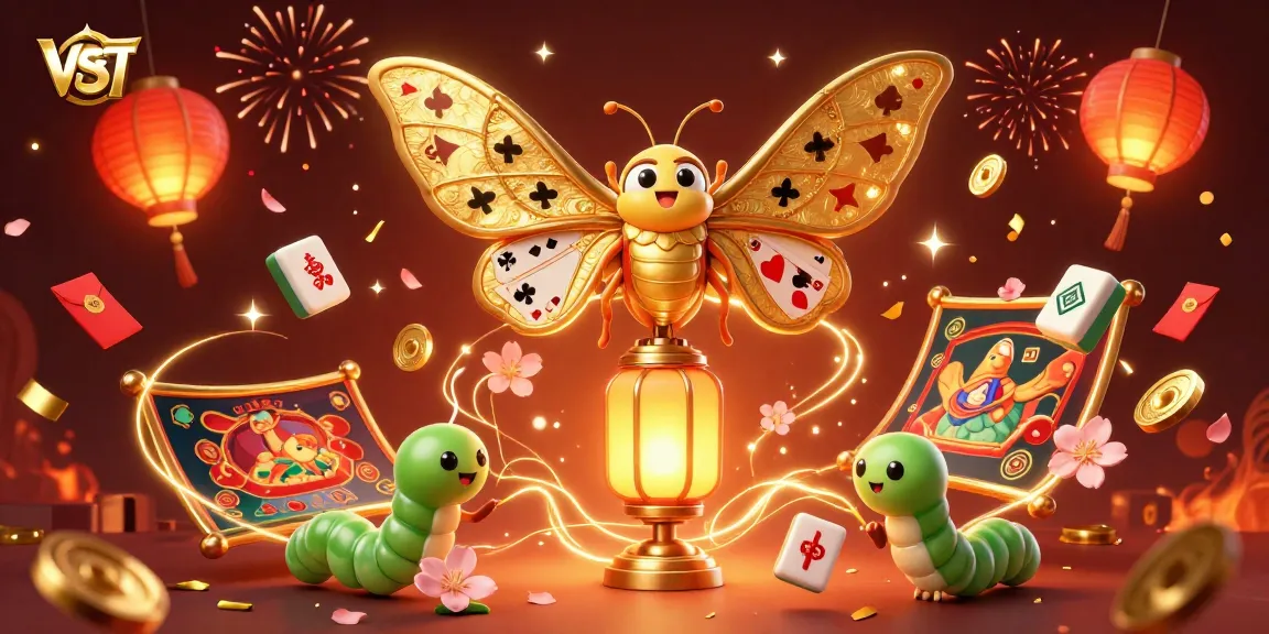 Experience the thrill of VSBET with a vibrant 3D illustration of a moth and casino elements.