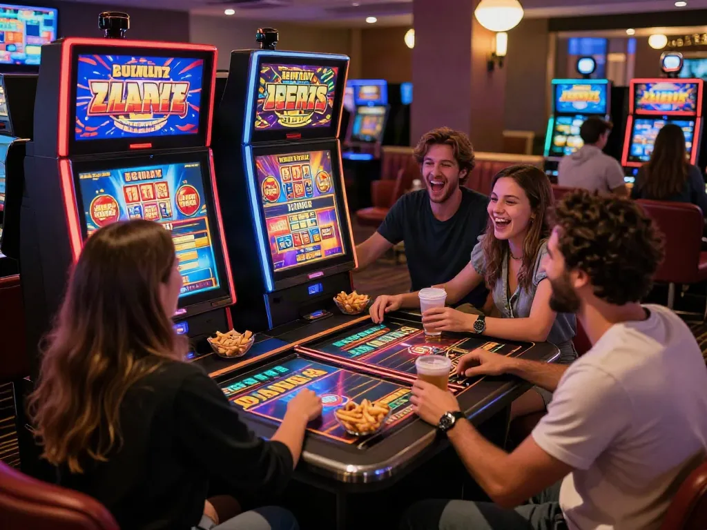 Exciting gaming scene at luxury12 with friends enjoying slots in a vibrant lounge.