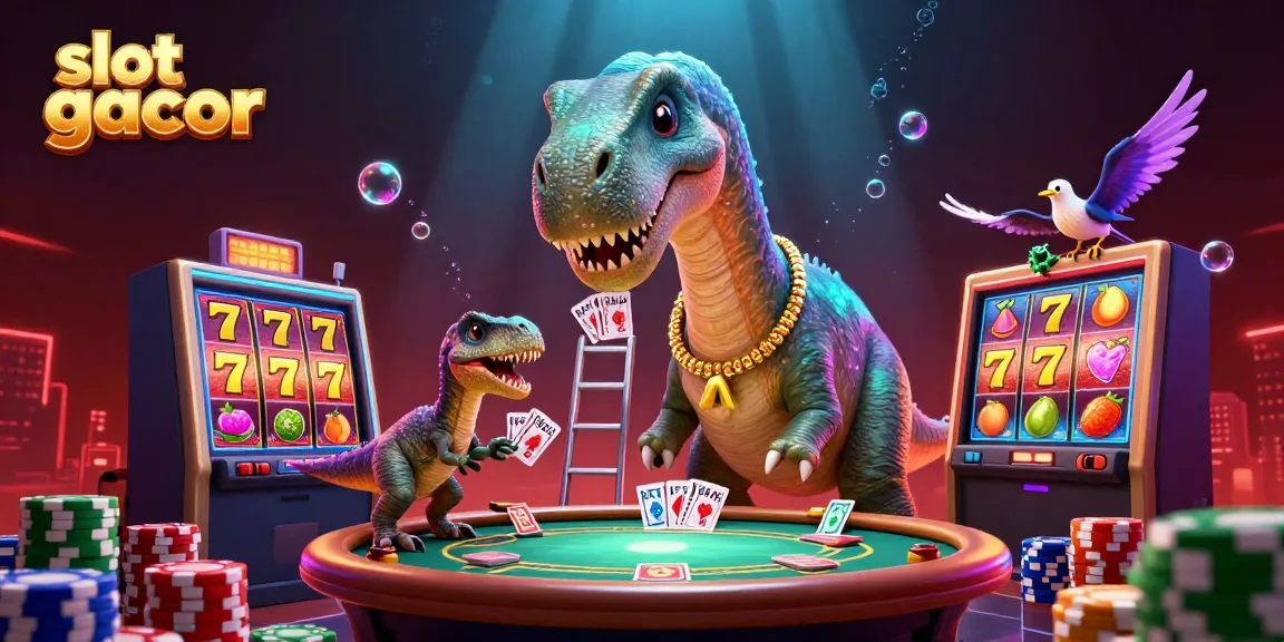 Slot gacor menampilkan ilustrasi kasino digital 3D dengan dinosaurus dan raptor di meja poker.