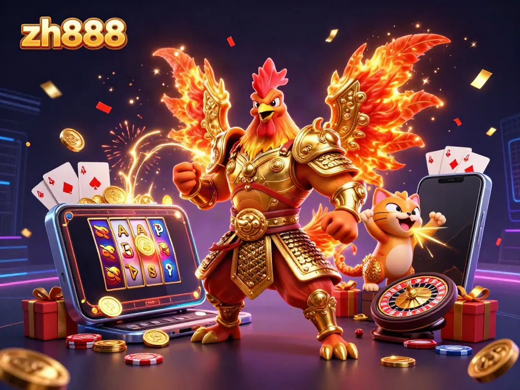 Engage in thrilling gameplay with zh888, featuring a samurai rooster in a vibrant casino scene.