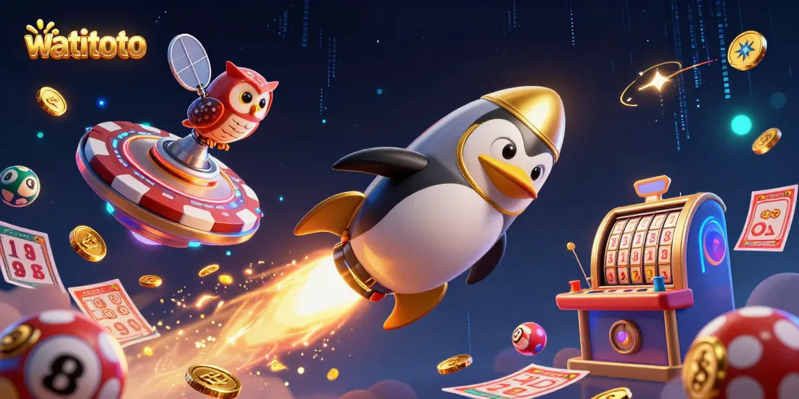 Watitoto penguin launches into a cosmic lottery adventure among vibrant game elements.