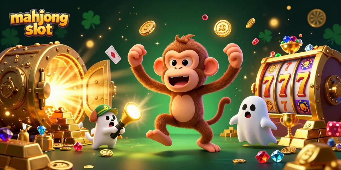 Experience the action of mahjong slot with a playful monkey and a curious puppy in a haunted casino.