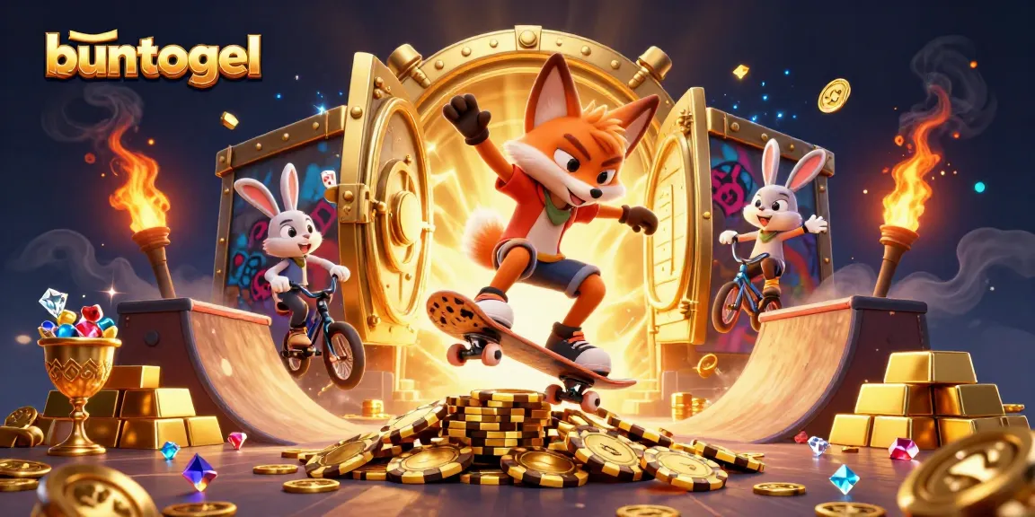 Play exciting games with buntogel in this vibrant 3D casino illustration showcasing thrilling action and rewards.