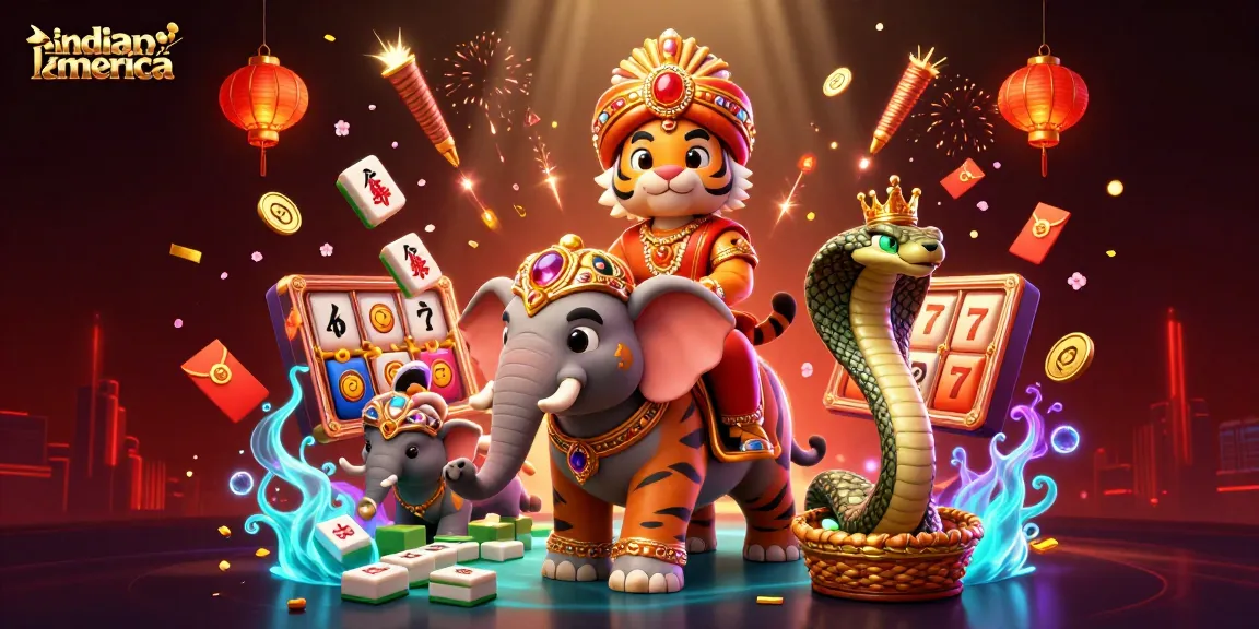 Experience thrill at indianiamerica with an Indian maharaja and his elephant among vibrant casino elements.