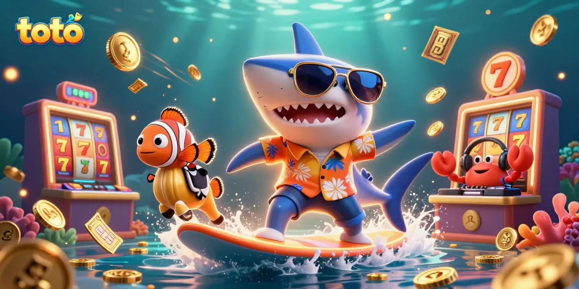 Toto players spinning slot reels with high RTP in an exciting underwater casino scene.