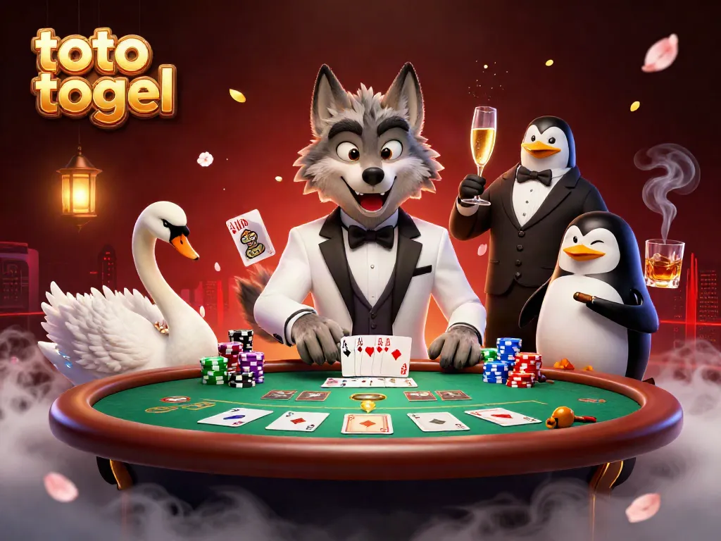 Experience the thrill of toto togel with a whimsical casino scene featuring a wolf, swan, and penguin.
