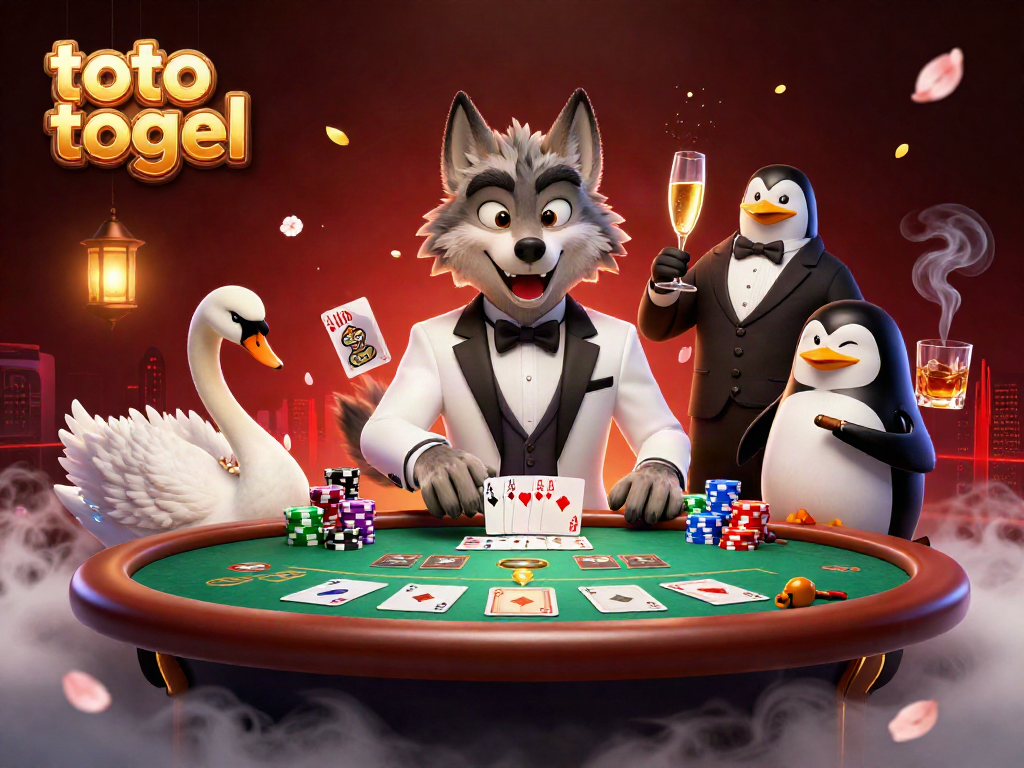 Experience the thrill of toto togel with a whimsical casino scene featuring a wolf, swan, and penguin.