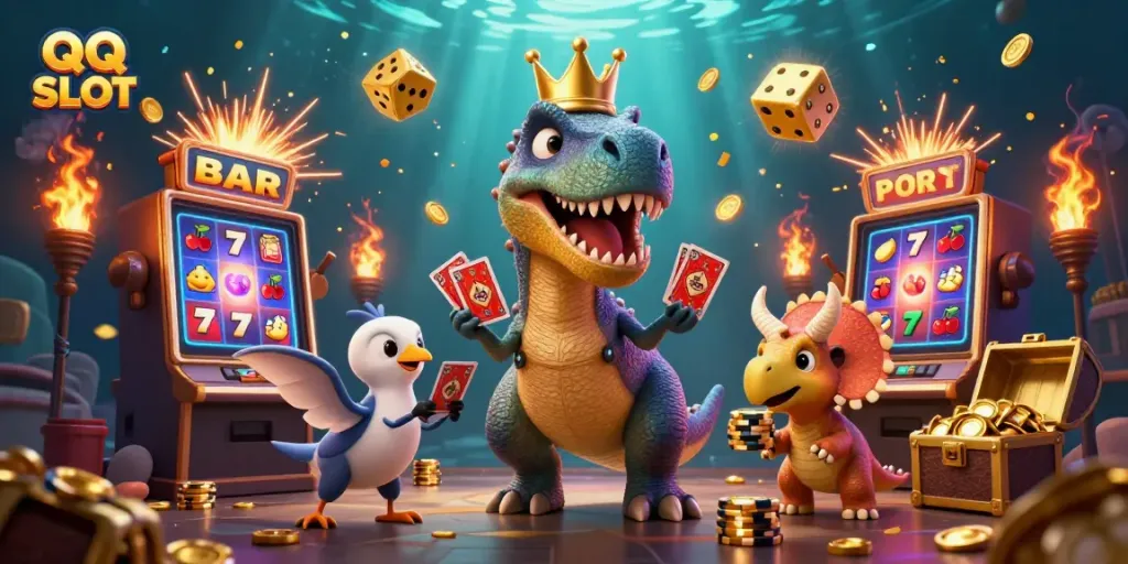 Engage in QQ SLOT with a friendly T-Rex, pterodactyl, and triceratops amidst vibrant casino elements.