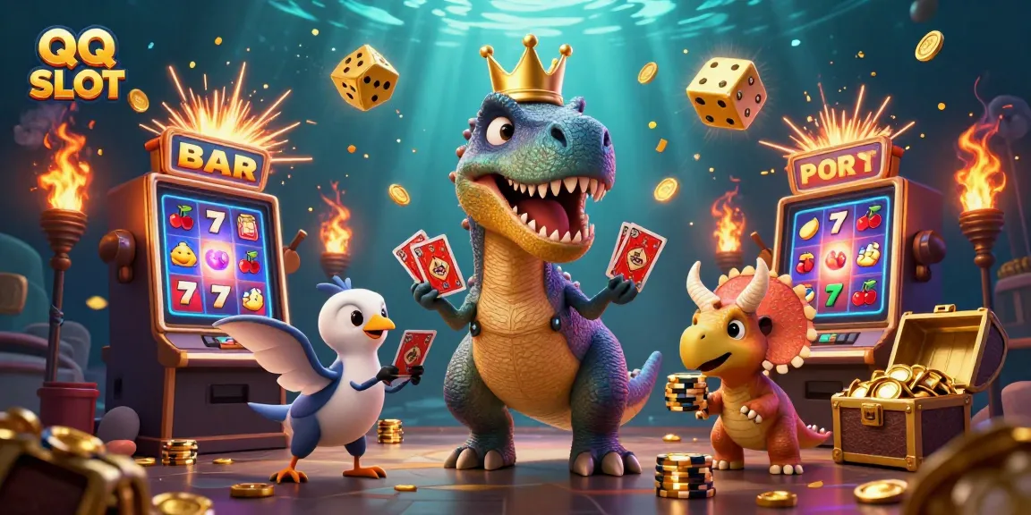 Engage in QQ SLOT with a friendly T-Rex, pterodactyl, and triceratops amidst vibrant casino elements.
