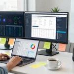 Professional workspace showcasing AI marketing tools and analytics for digital campaigns.