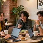 Young adults in cozy café discussing crush on romantic interests with coffee and pastries.