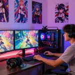Exciting gaming scene with a gamer playing a hentai game in a cozy room decorated with anime art.