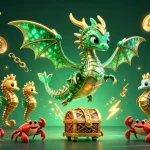 Experience thrilling gameplay with F8BET's colorful sea dragon and treasure chest in a vibrant casino scene.