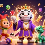 Play slot games on Ratuslot with an enchanting scene of a tiger and monkey amidst colorful lottery elements.