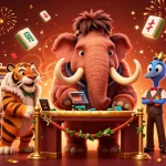 Engage with Caswino Casino's vibrant atmosphere featuring a woolly mammoth bouncer, VIP saber-tooth tiger, and dynamic slot game elements.