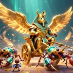 Experience the excitement at GO88, where the colossal scarab beetle pulls a chariot in a vibrant casino scene.