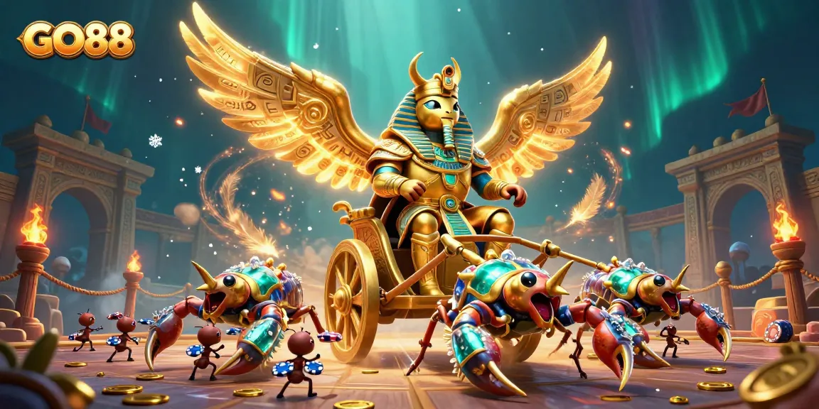 Experience the excitement at GO88, where the colossal scarab beetle pulls a chariot in a vibrant casino scene.