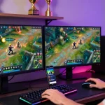 Pengalaman bermain di DIANA 4D dengan gamer bahagia duduk di meja modern dikelilingi perangkat game dan suasana ceria.