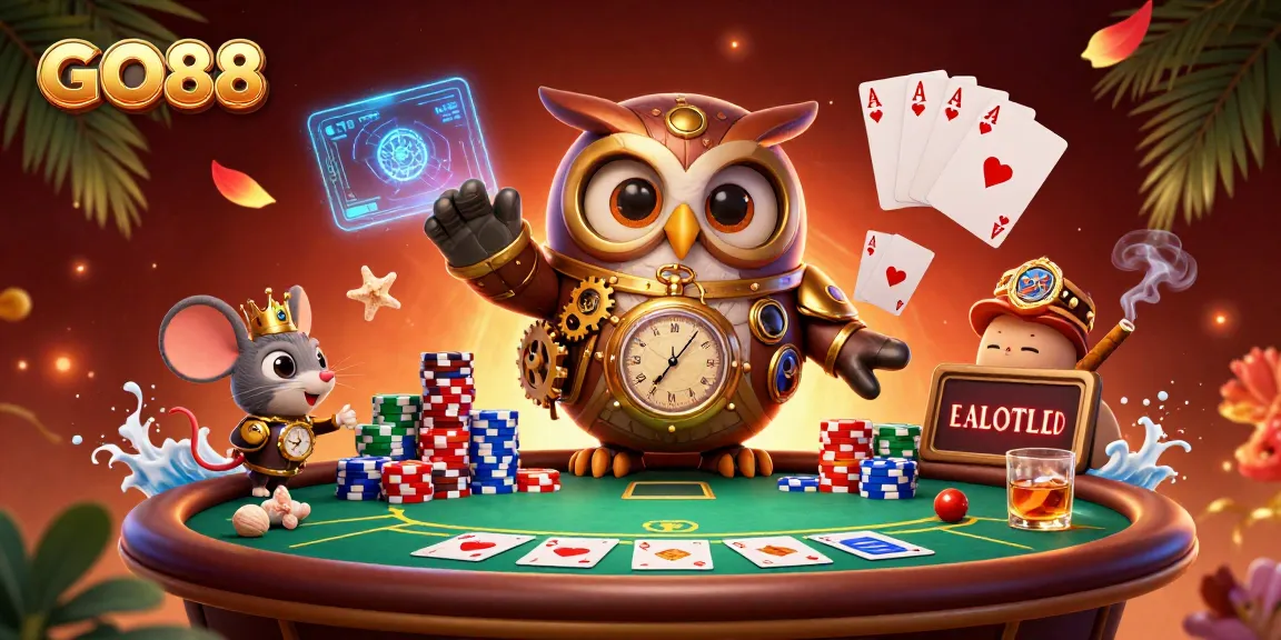 Experience winning at GO88 with a vibrant 3D cartoon casino scene packed with poker action.